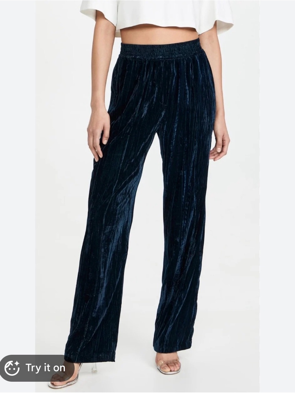 Wayf Navy Crushed Velvet Wide-Leg Pants